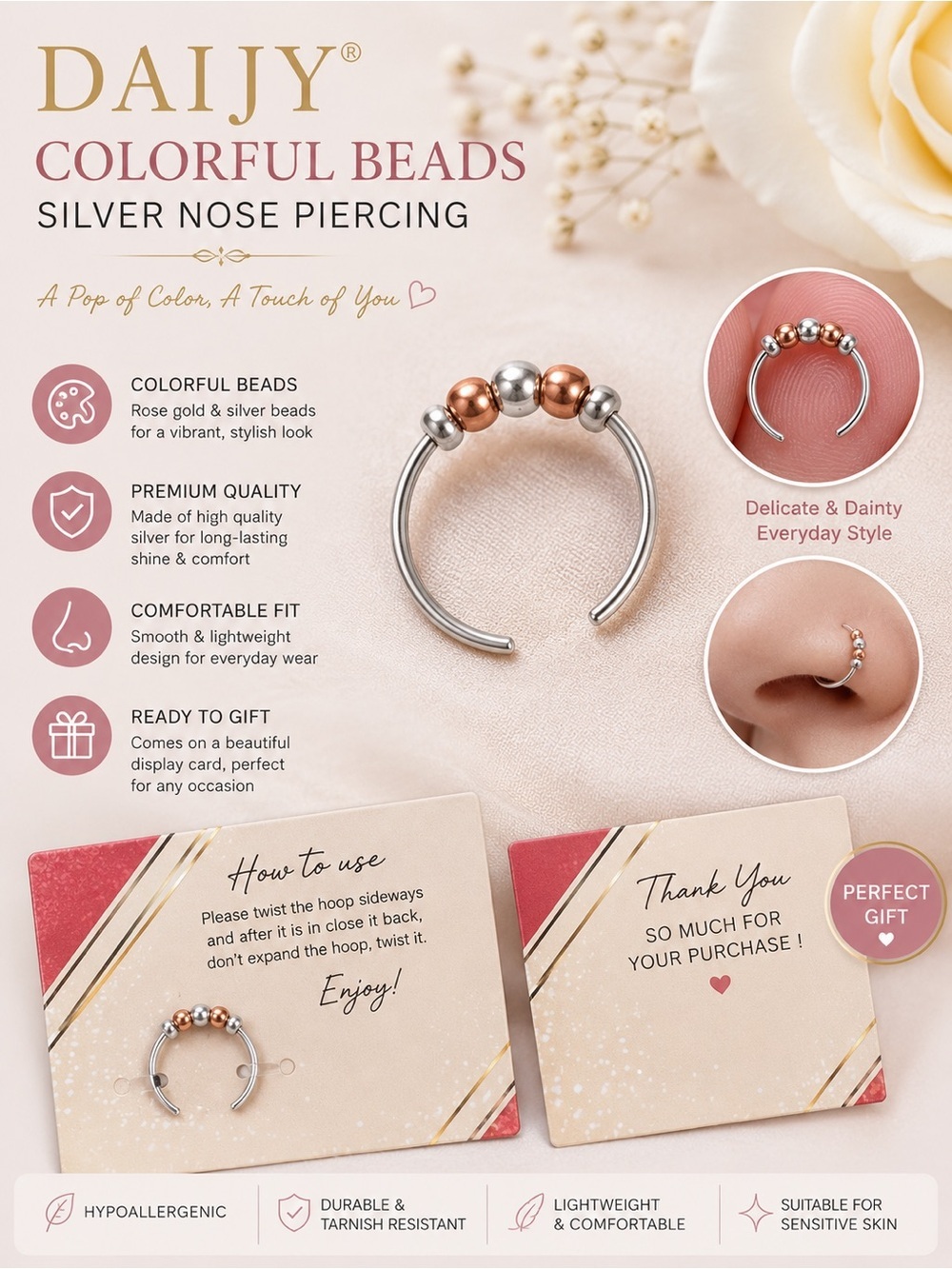 ADJUSTABLE Sterling Silver Open Ring with Rose Gold Accent Beads